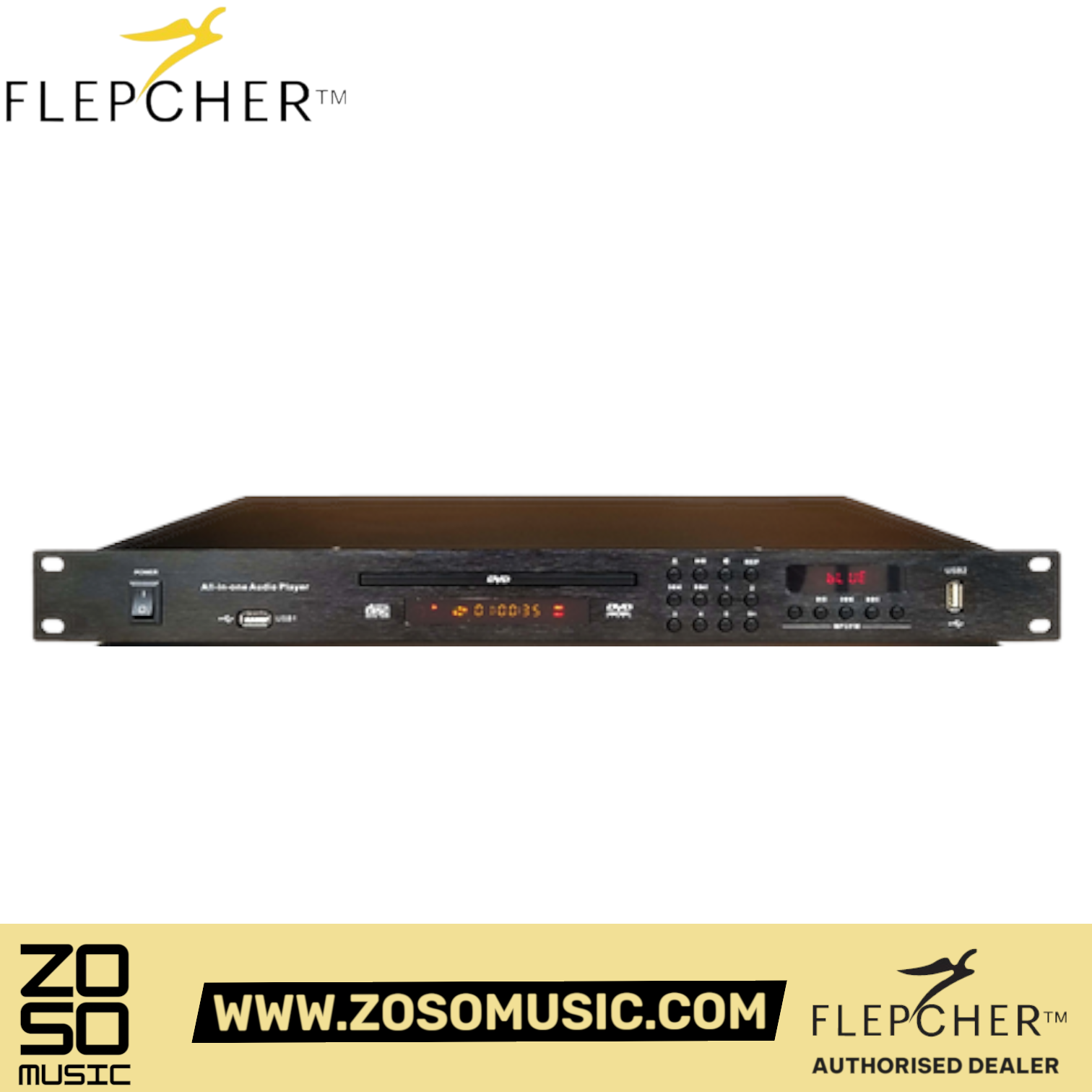 Zoso Music Flepcher CD-930MKII rack-mount DVD, CD, and MP3 player with USB input and digital display