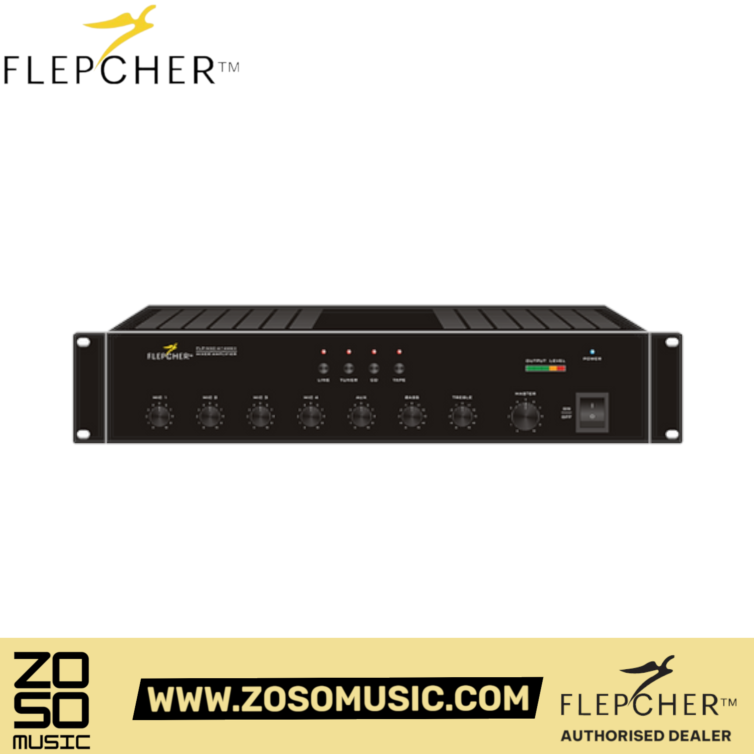 Zoso Music Flepcher MXC-4+4MKII black rack-mount mixer amplifier with microphone and tone control knobs