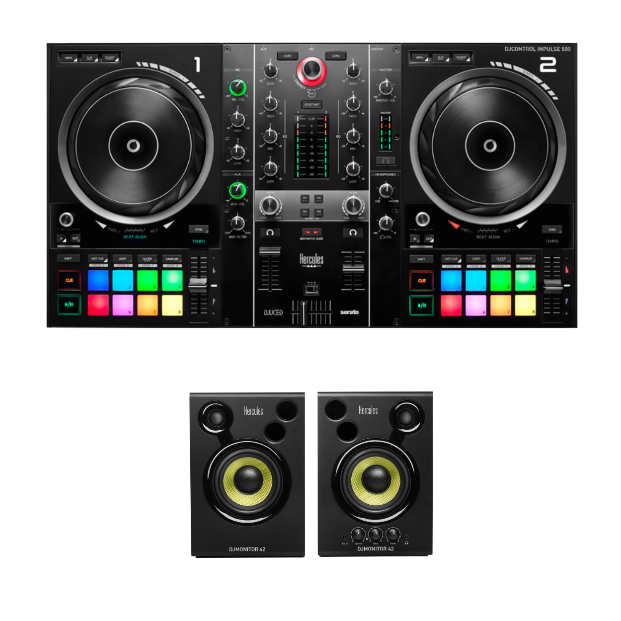 Hercules DJControl Inpulse 500 & DJ Monitor 42 Front view Zoso Music