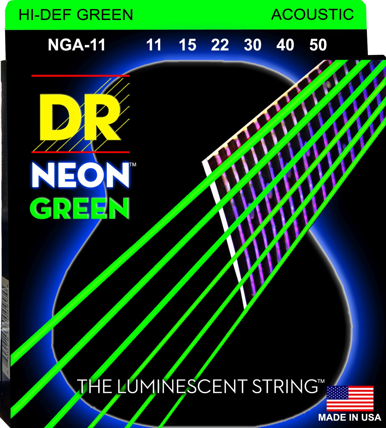 DR Strings NGA-11 NEON Green Coated Phosphor Bronze Acoustic Guitar Strings | Custom Light (011 - 050)