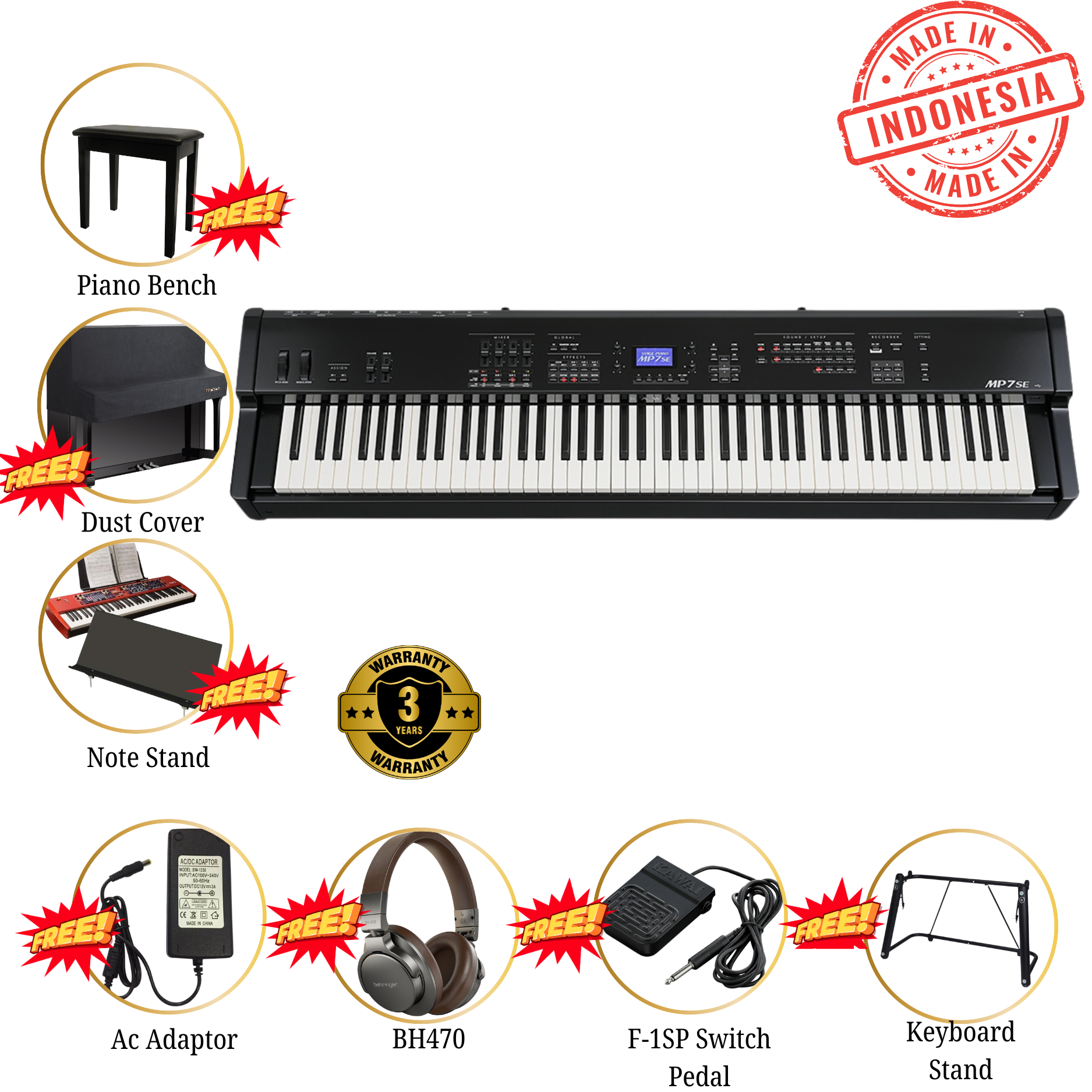 Kawai MP Series MP7SE Digital Piano 88 Keys W/portable Stand Bench & Headphone Black