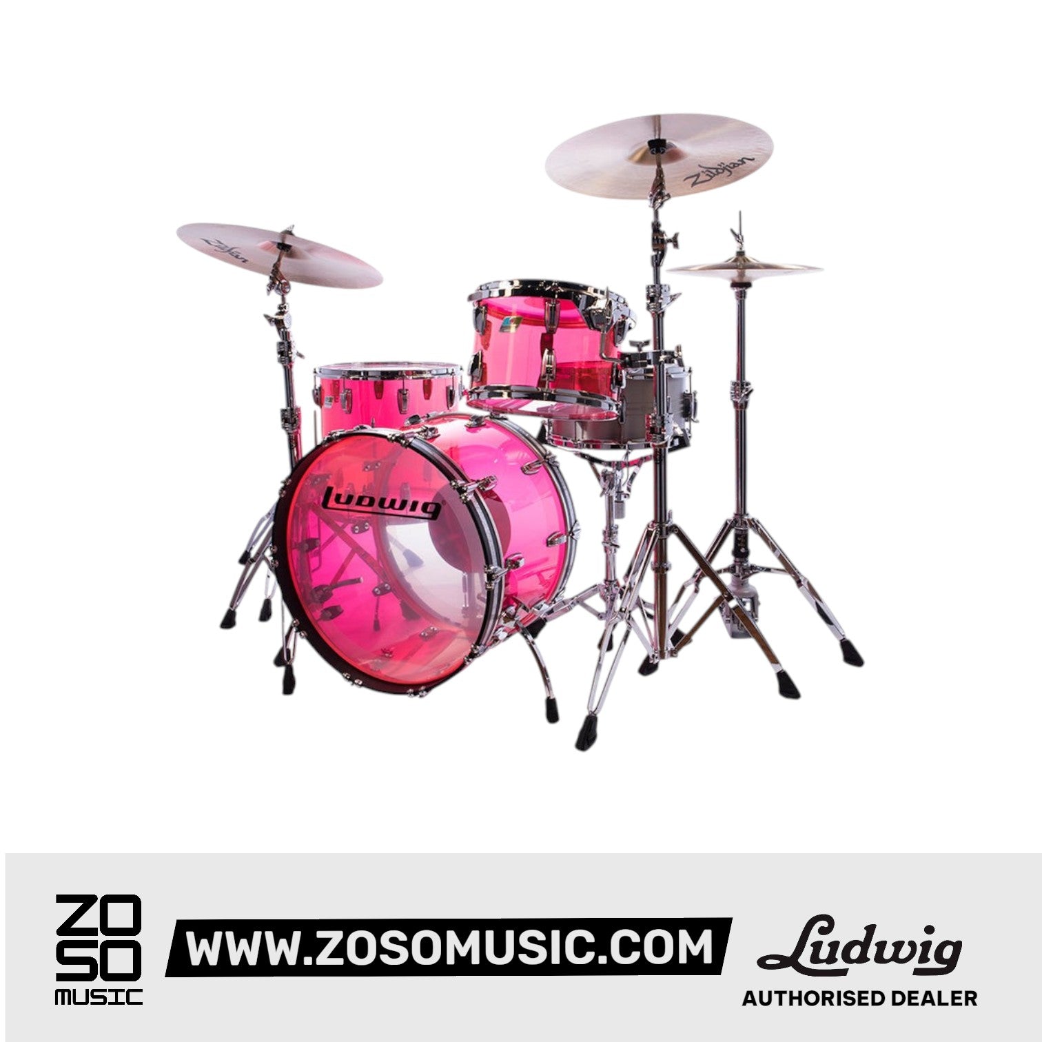 Ludwig L94233LXPKWC Vistalite 3-Piece FAB Drum Kit (22B+16F+13T), Pink |  LUDWIG |  DRUM-ACOUSTIC |  Zoso Music