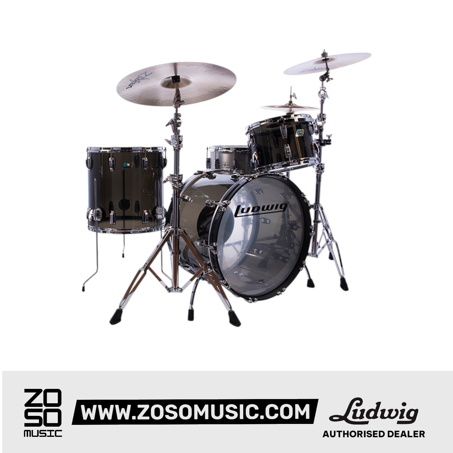 Ludwig L94233LXV6WC Vistalite 3-Piece FAB Drum Kit (22B+16F+13T), Smoke |  LUDWIG |  DRUM-ACOUSTIC |  Zoso Music