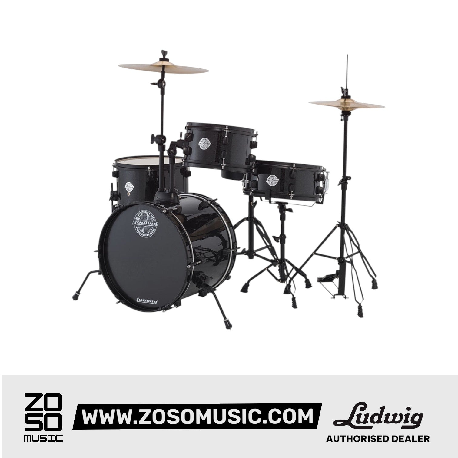 Ludwig LC178X016DIR Pocket Kit 4-Piece Drum Kit w/Hardware+Cymbals, Black Sparkle |  LUDWIG |  DRUM-ACOUSTIC |  Zoso Music