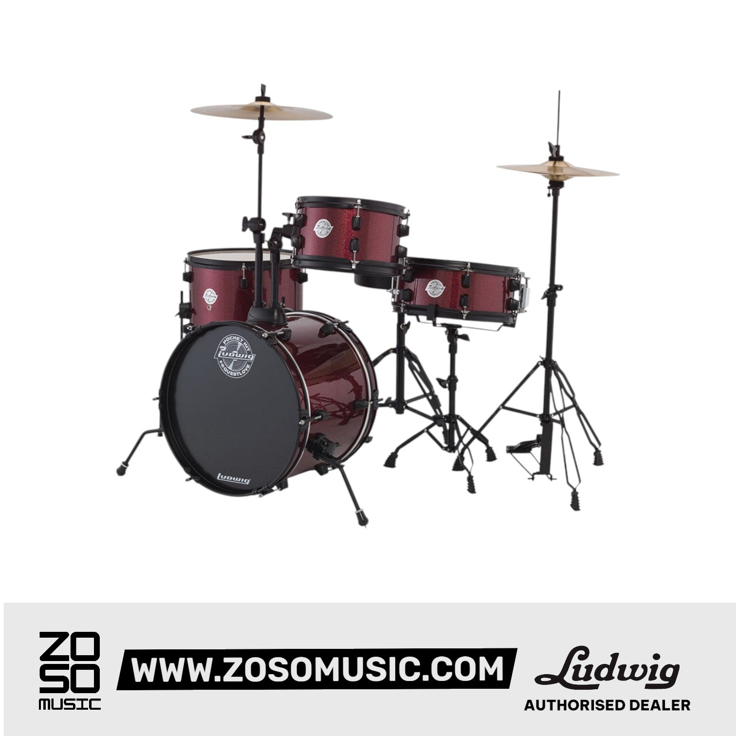 Ludwig LC178X025DIR Pocket Kit 4-Piece Drum Kit w/Hardware+Cymbals, Wine Red Sparkle |  LUDWIG |  DRUM-ACOUSTIC |  Zoso Music