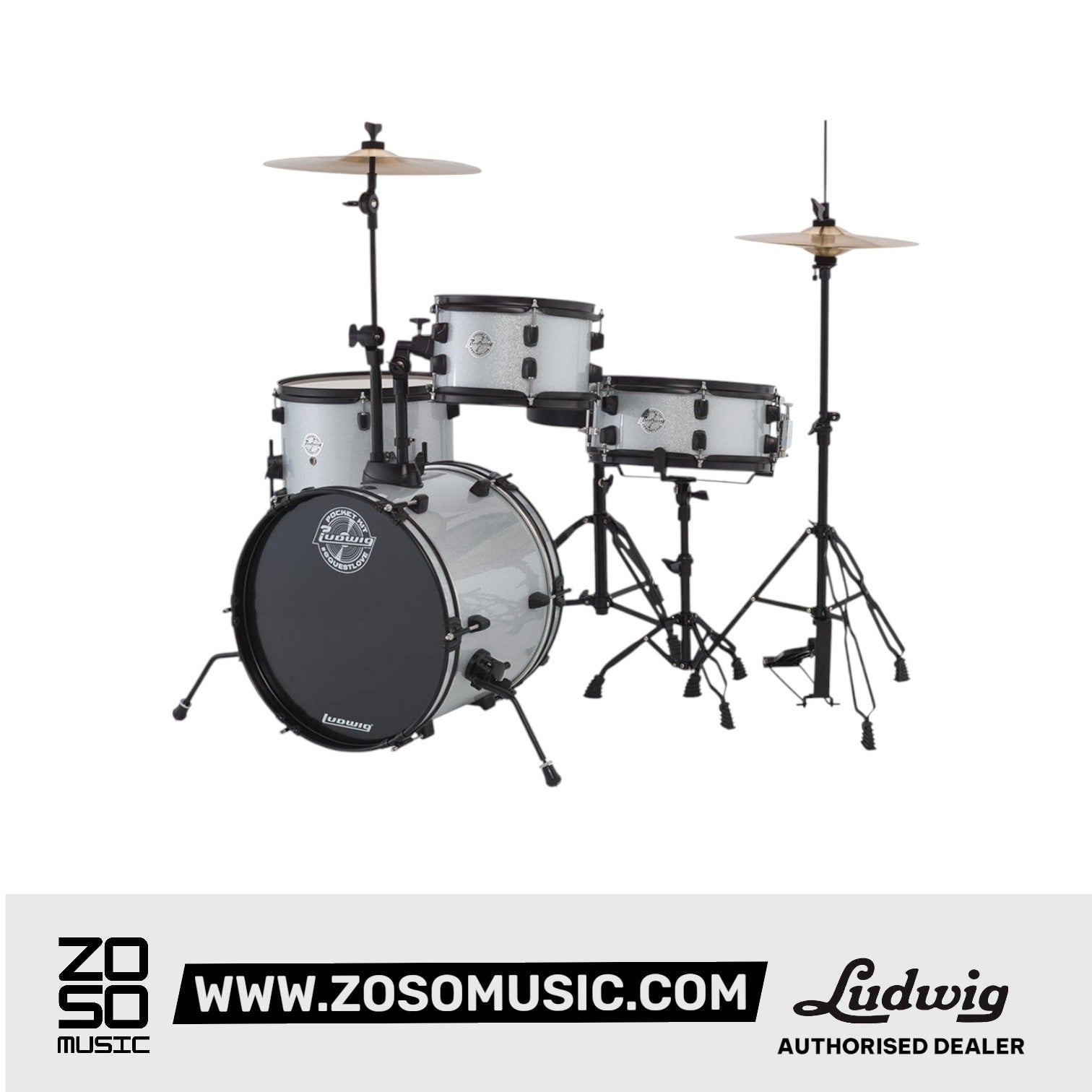 Ludwig LC178X029DIR Pocket Kit 4-Piece Drum Kit w/Hardware+Cymbals, White Sparkle |  LUDWIG |  DRUM-ACOUSTIC |  Zoso Music