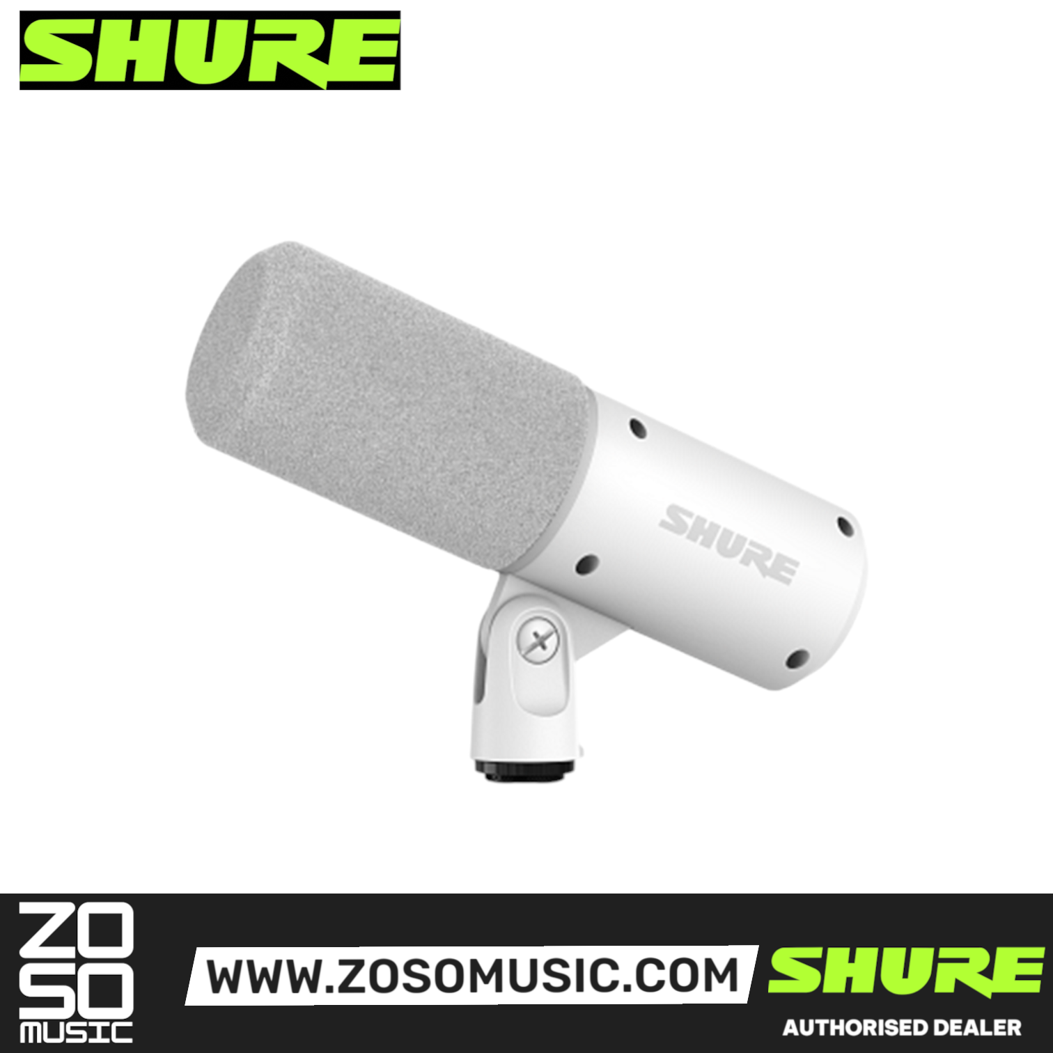 Zoso Music Shure MV6 Gen 2 dynamic USB gaming microphone in white with a grey foam windscreen on a desktop mount.