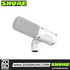 Zoso Music Shure MV6 Gen 2 dynamic USB gaming microphone in white with a grey foam windscreen on a desktop mount.