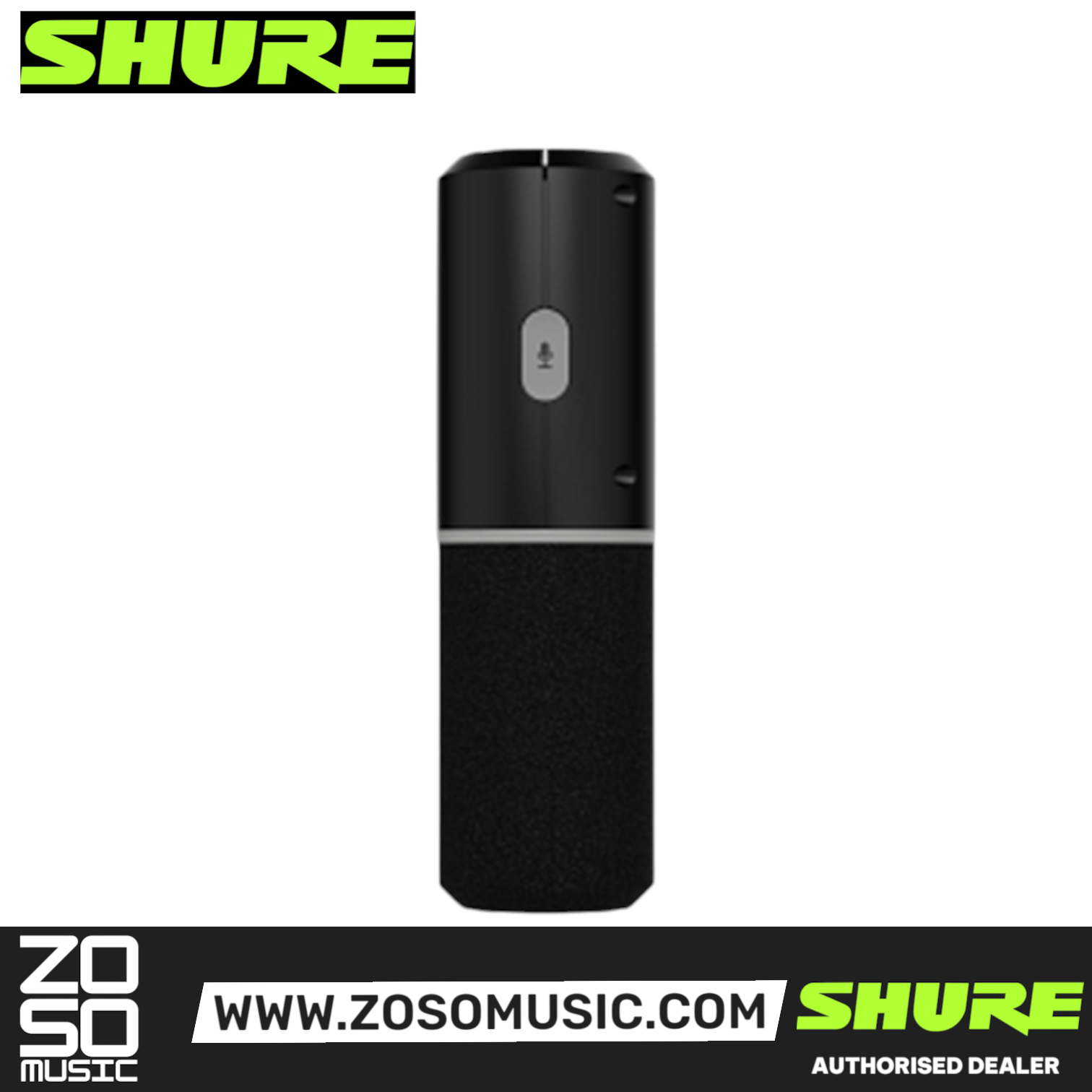 Zoso Music Shure MV6 USB gaming microphone in black with a sleek cylindrical design and top-mounted mute button.