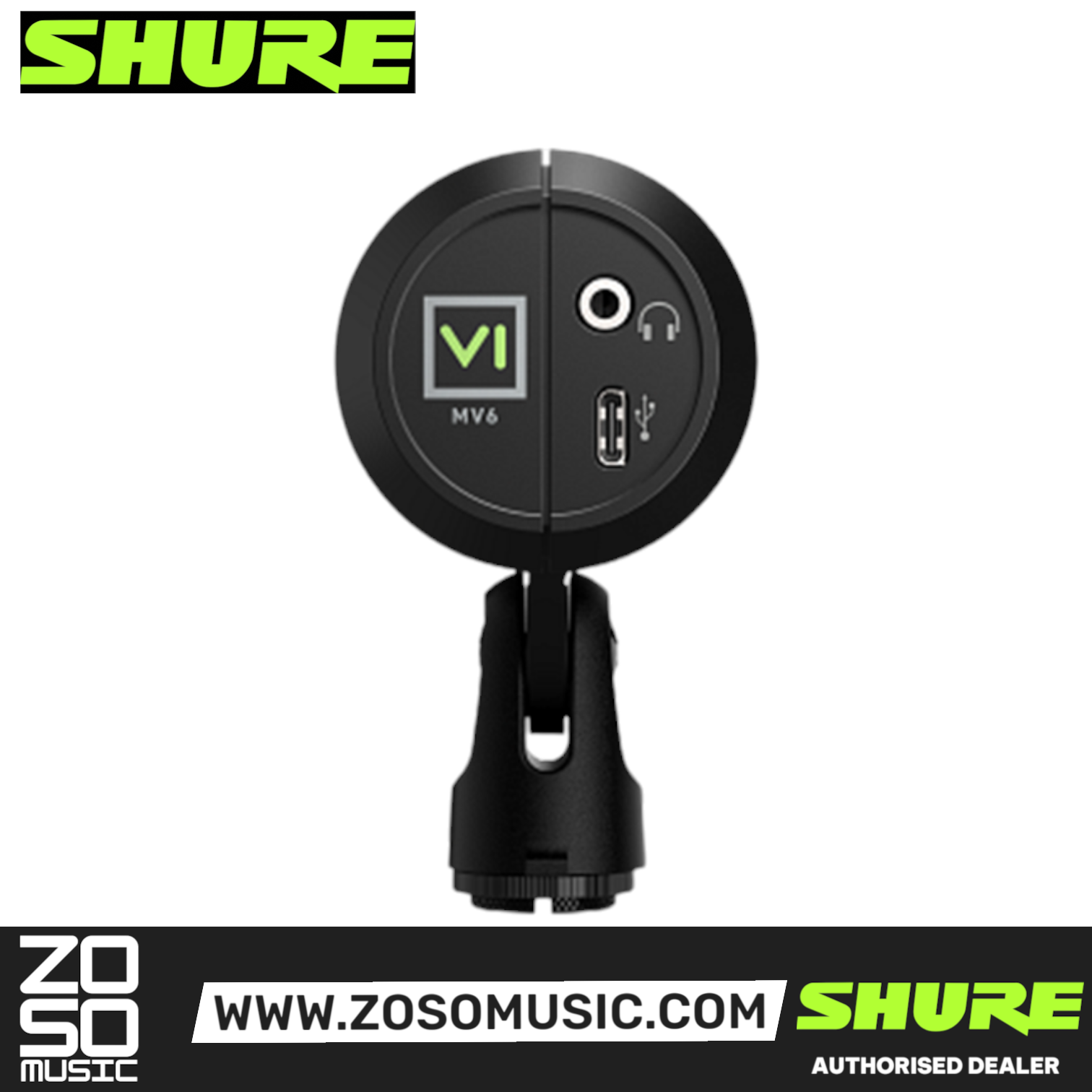 Zoso Music Shure MV6 USB gaming microphone rear view showing the headphone jack and USB-C port on a desktop stand.