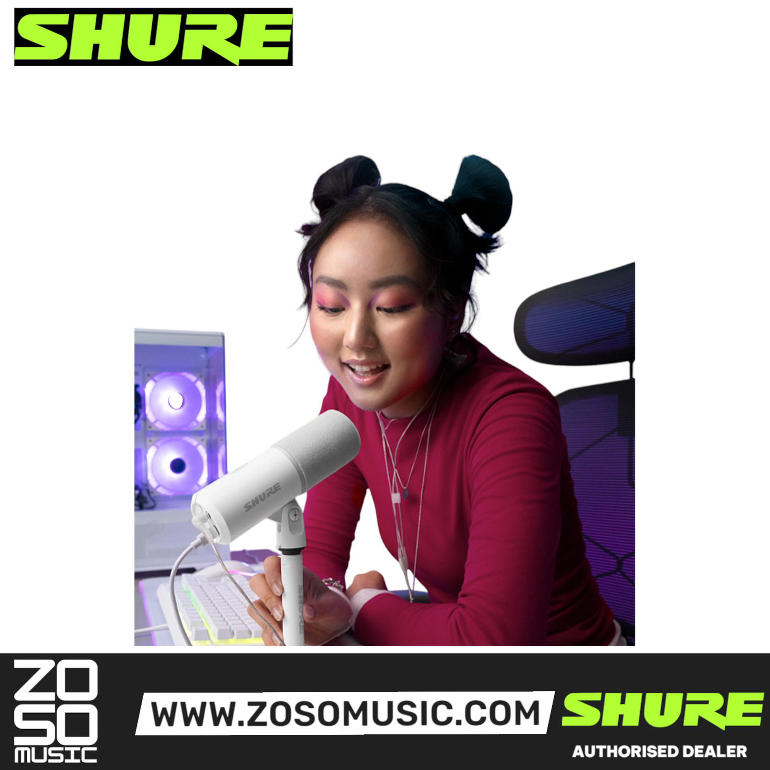 A young woman using a white Shure MV6 USB gaming microphone on a desktop stand in a vibrant, neon-lit gaming setup.
