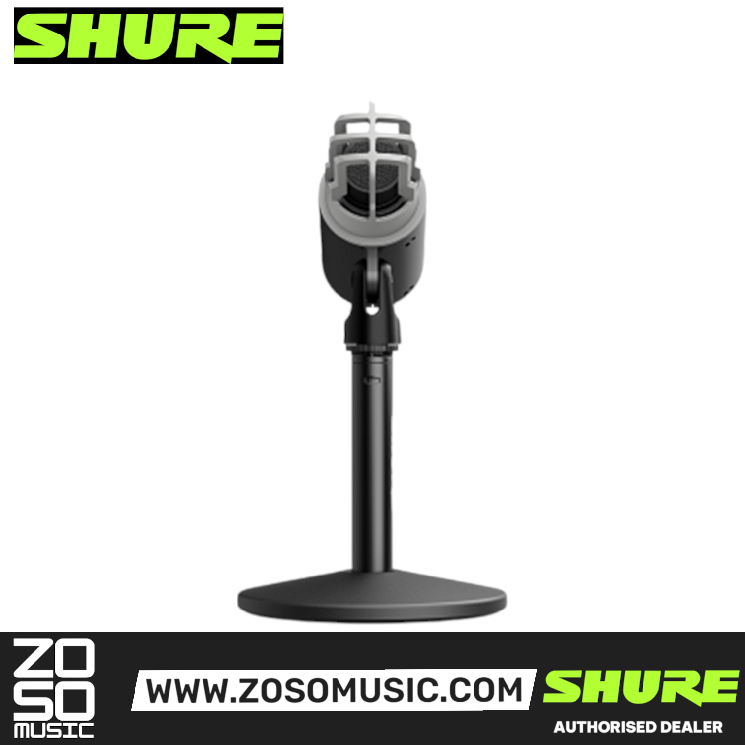 Zoso Music Shure MV6 USB gaming microphone on a desktop stand, front view showing the dynamic capsule design.