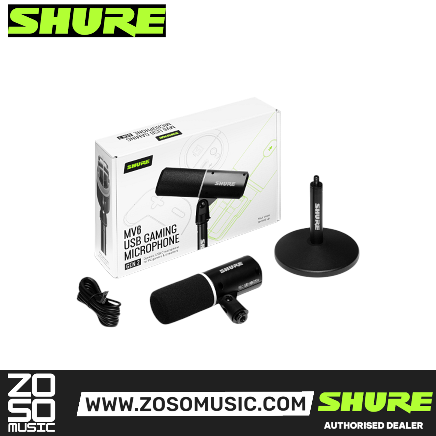 Zoso Music Shure MV6 Gen 2 dynamic USB gaming microphone with desktop stand, cable, and product packaging.