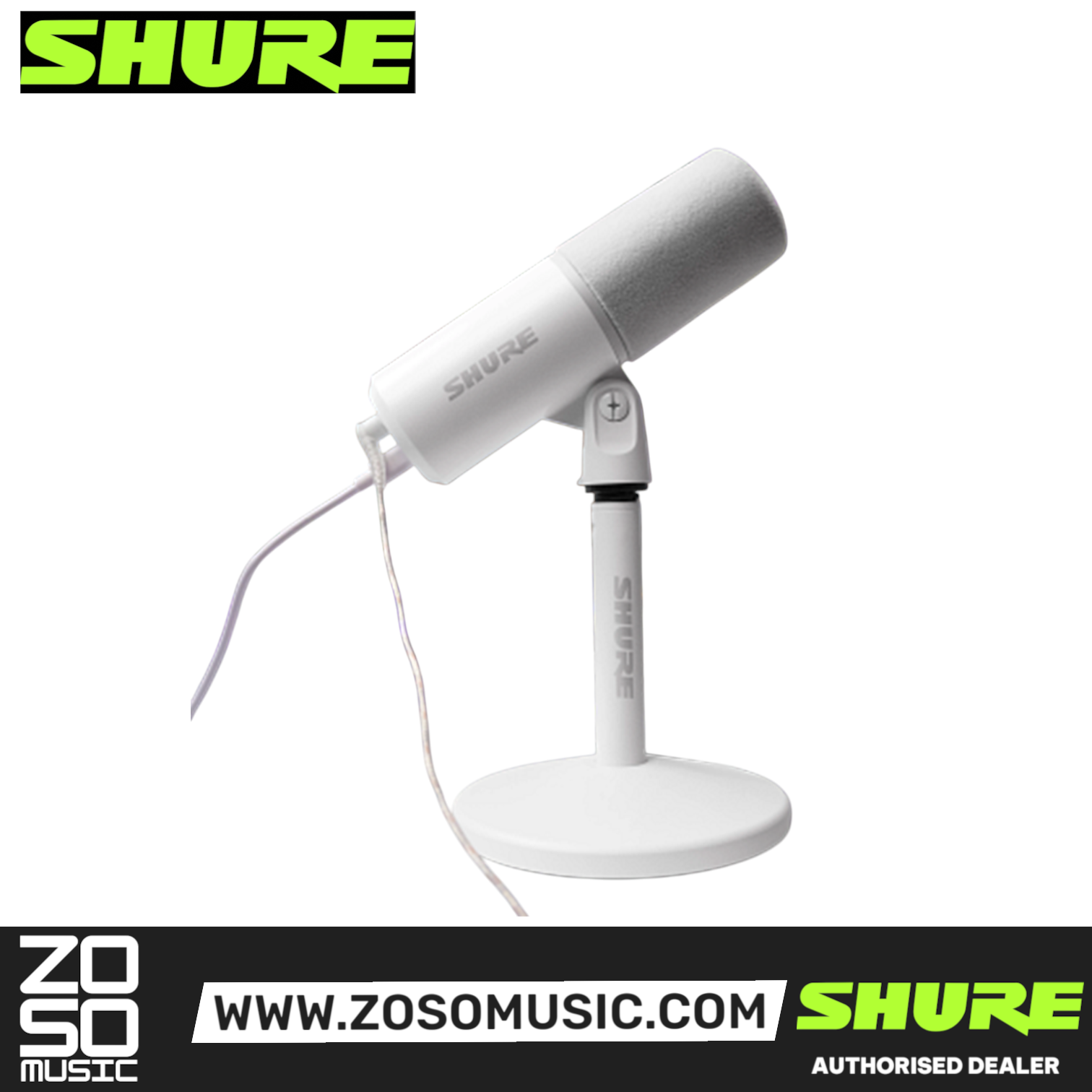 Shure MV6 USB gaming microphone in white on a desktop stand, used for streaming in a Zoso Music gaming setup.
