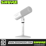 Zoso Music Shure MV6 USB gaming microphone in white with a matching desktop stand and integrated pop filter.