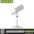 Zoso Music Shure MV6 USB gaming microphone in white with a matching desktop stand and integrated pop filter.
