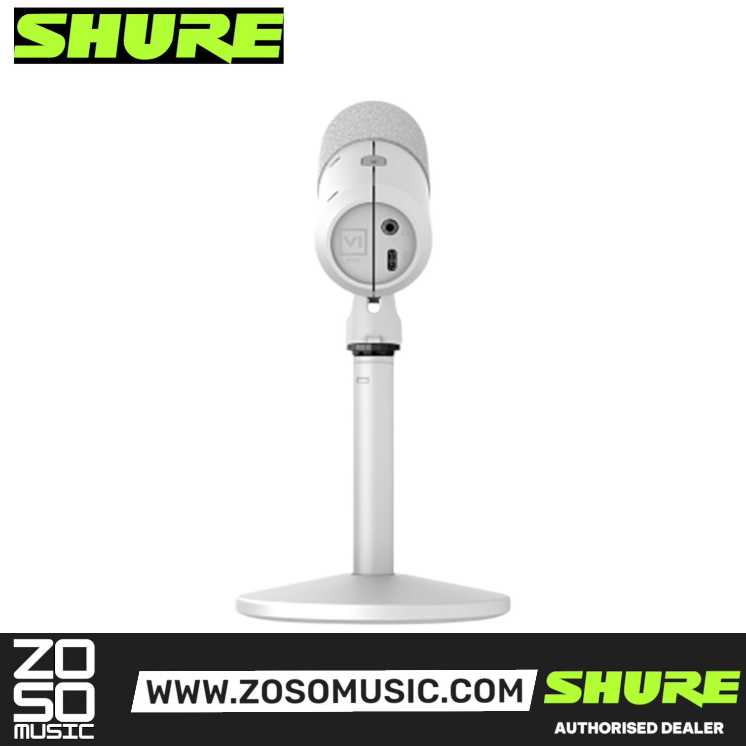 Zoso Music Shure MV6 USB gaming microphone in white, rear view showing USB-C port and headphone jack on desktop stand.