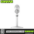 Zoso Music Shure MV6 USB gaming microphone in white, rear view showing USB-C port and headphone jack on desktop stand.