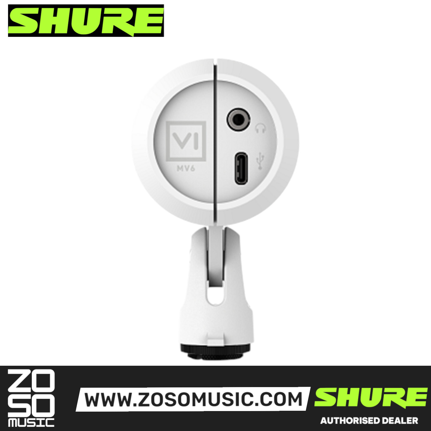 Rear view of the white Shure MV6 USB gaming microphone from Zoso Music, showing the USB-C and headphone ports.