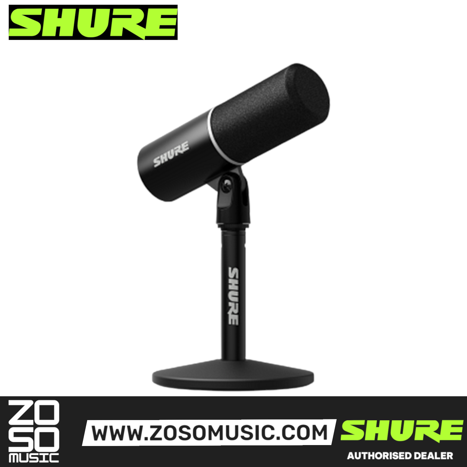 Zoso Music Shure MV6 Gen 2 dynamic USB gaming microphone in black with a matching desktop stand.