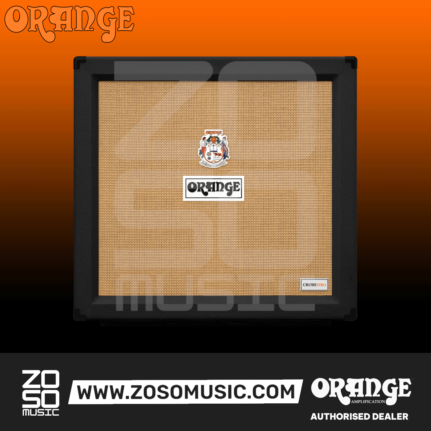 Zoso Music Orange Crush Pro 4x12 guitar speaker cabinet with black frame and classic tan basketweave grille cloth.
