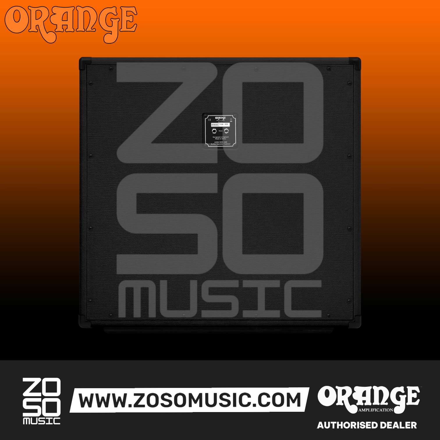 Zoso Music Orange Crush Pro 4x12 closed-back guitar speaker cabinet in black with birch plywood construction.