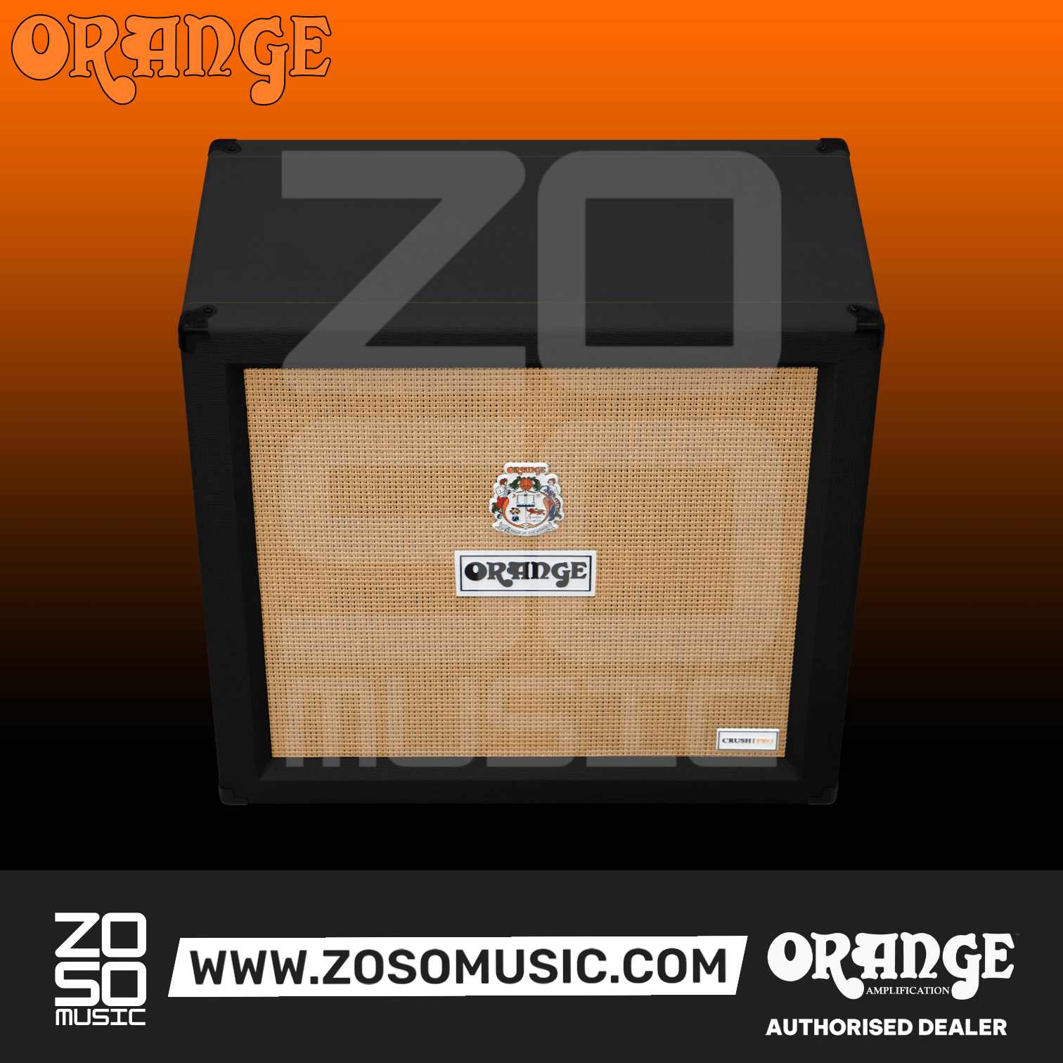 Zoso Music Orange Crush Pro 4x12 closed-back guitar speaker cabinet in black with tan grille cloth