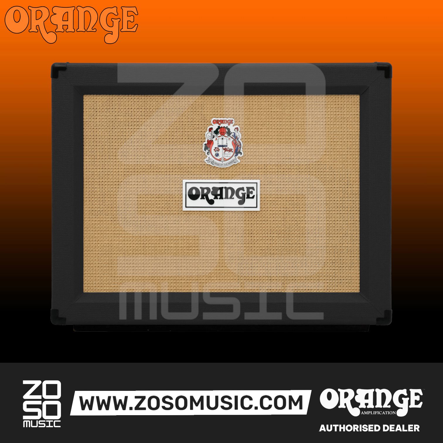 Zoso Music Orange PPC212-OB 2x12 open-back guitar speaker cabinet in black with a classic woven grille cloth.