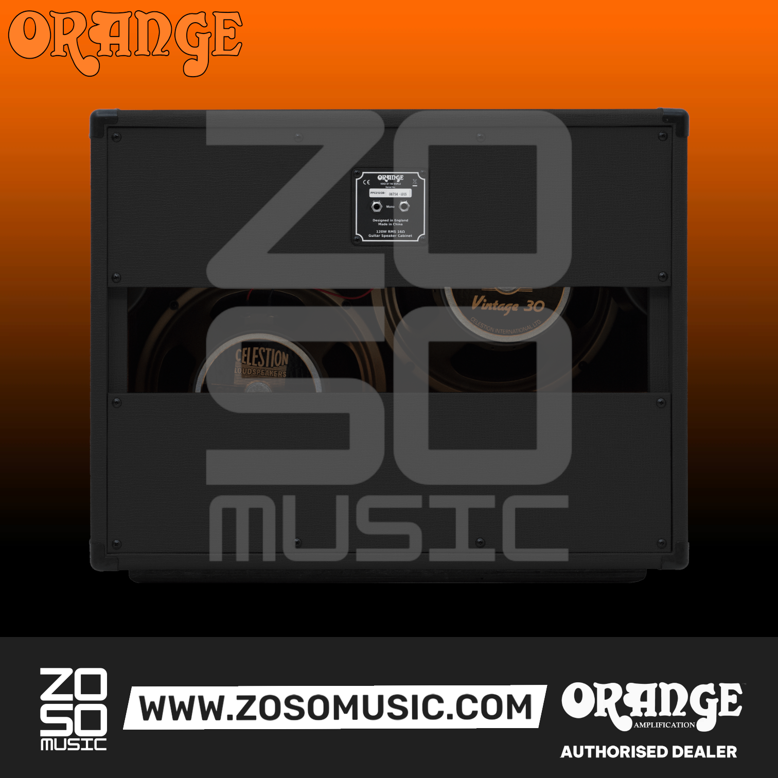 Zoso Music Orange PPC212-OB 2x12 open-back guitar speaker cabinet in black with Celestion speakers