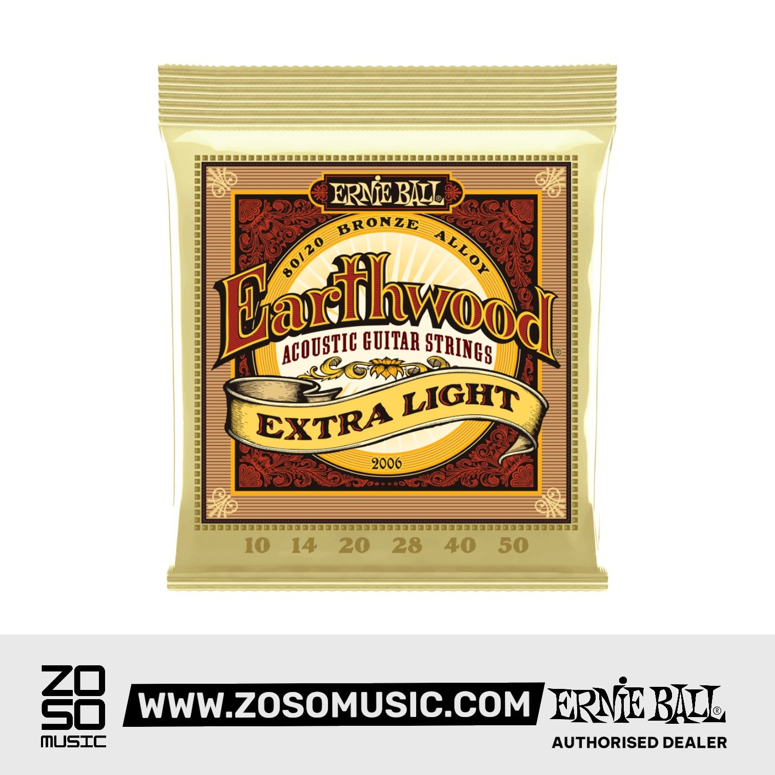 ERNIE BALL 2006 EARTHWOOD EXTRA LIGHT 80-20 BRONZE ACOUSTIC SET, .010 - .050 | ERNIE BALL , Zoso Music