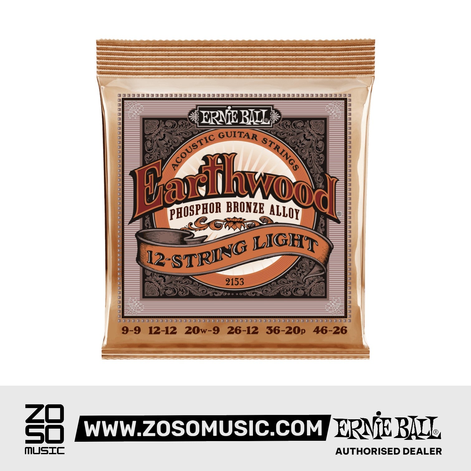 ERNIE BALL 2153 EARTHWOOD 12-STRING LIGHT PHOSPHOR BRONZE ACOUSTIC STRING SET .009 - .046 | ERNIE BALL , Zoso Music