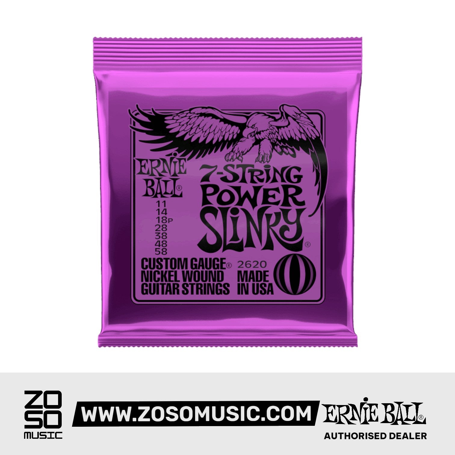 Ernie Ball Power Slinky 7-String Nickel Wound Electric Guitar Strings, 11-58 | Zoso Music Sdn Bhd