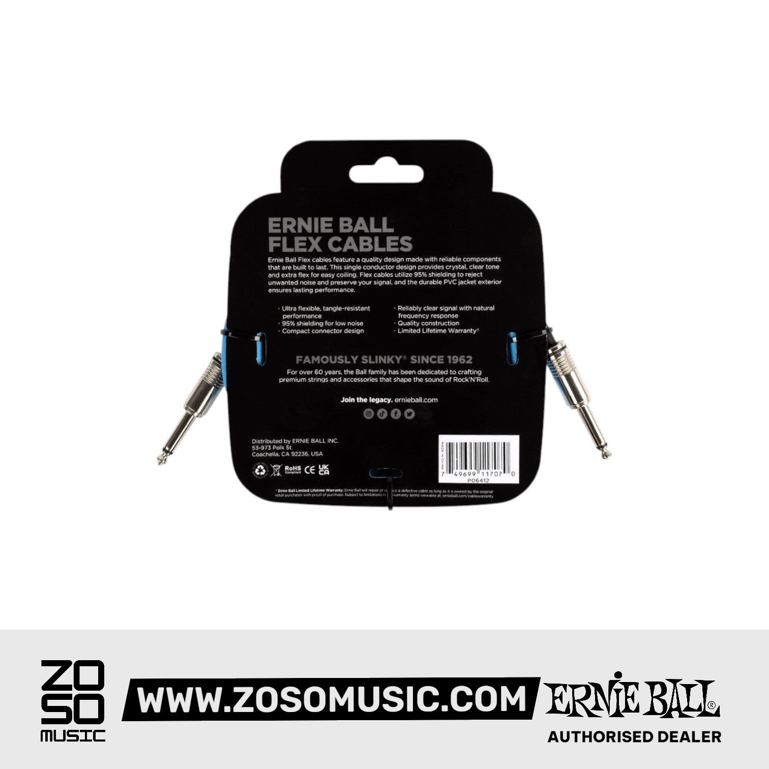Ernie Ball EB6412 Flex Instrument Cable 10 Ft, Blue |  ERNIE BALL |  STRAP |  Zoso Music