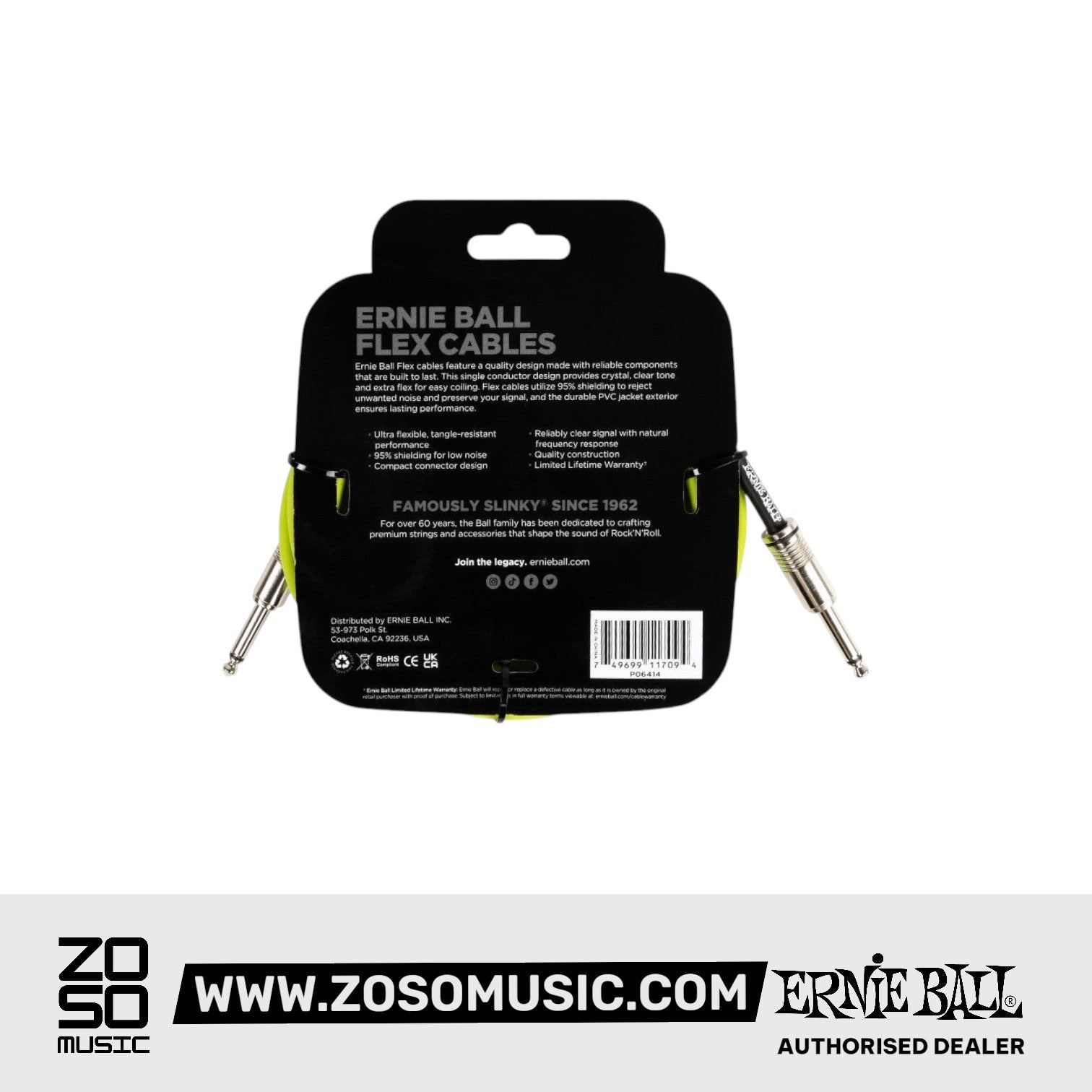 Ernie Ball P06414 Flex Instrument Cable 10 Ft, Green |  ERNIE BALL |  STRAP |  Zoso Music