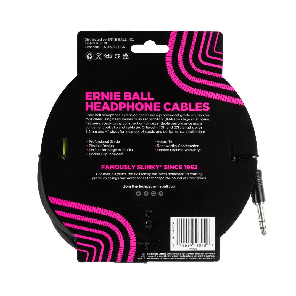 Ernie Ball EB6422 Headphone Extension Cable 1/4 To 3.5mm 10 Ft, Black |  ERNIE BALL |  STRAP |  Zoso Music