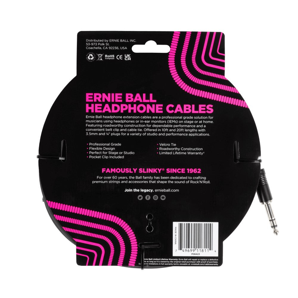 Ernie Ball EB6423 Headphone Extension Cable 1/4 To 3.5mm 20 Ft, Black |  ERNIE BALL |  STRAP |  Zoso Music