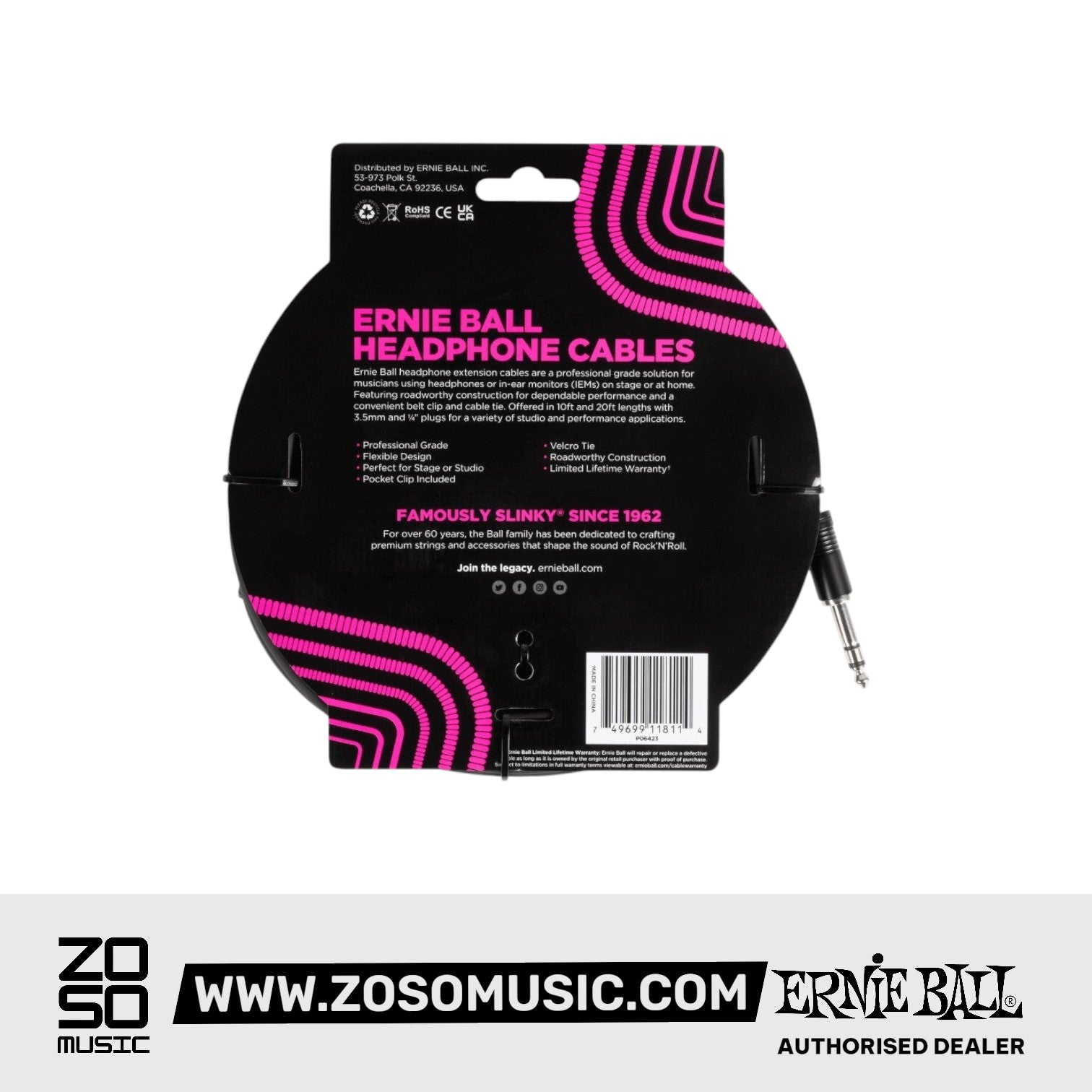 Ernie Ball EB6423 Headphone Extension Cable 1/4 To 3.5mm 20 Ft, Black |  ERNIE BALL |  STRAP |  Zoso Music