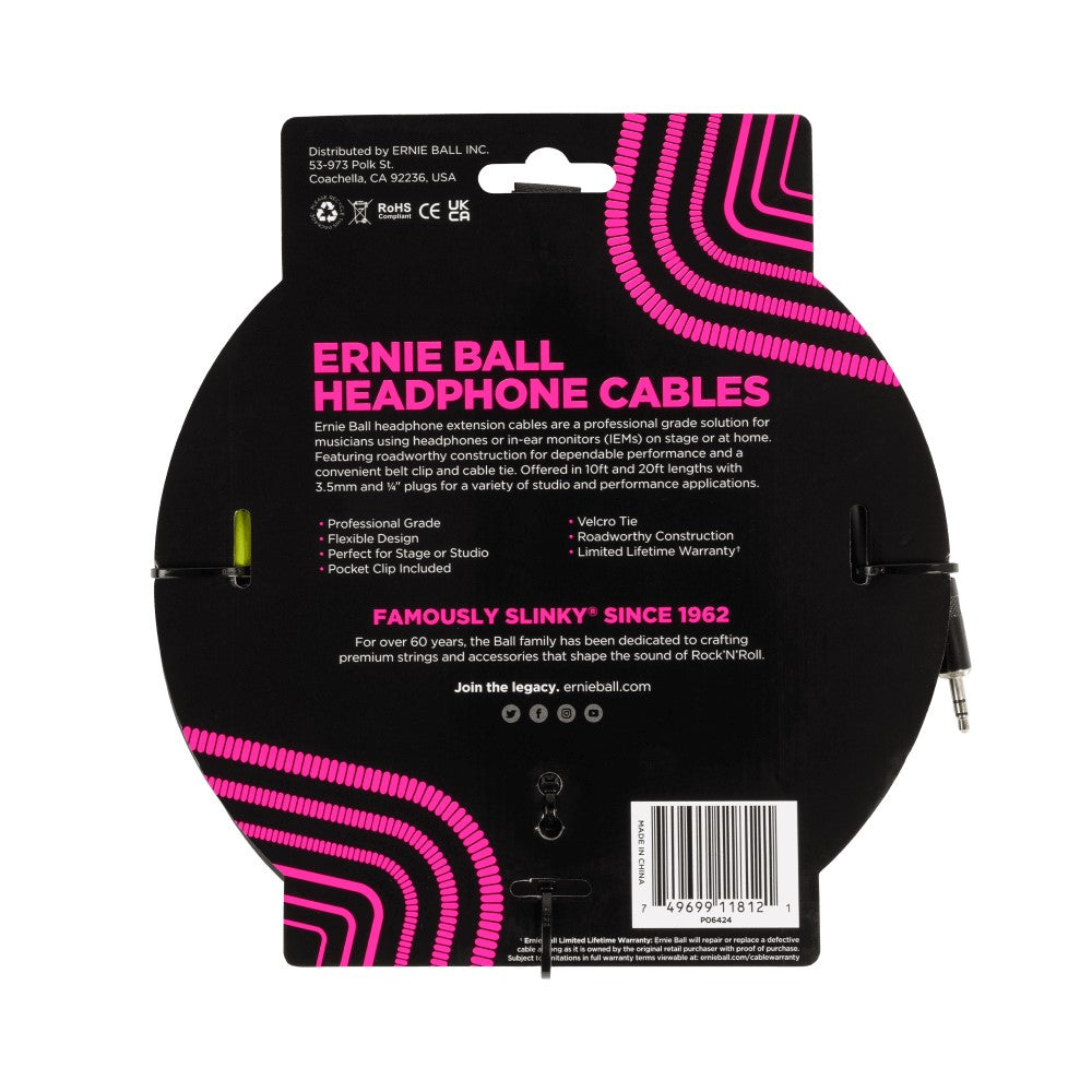 Ernie Ball EB6424 Headphone Extension Cable 3.5mm To 3.5mm 10 Ft, Black |  ERNIE BALL |  STRAP |  Zoso Music