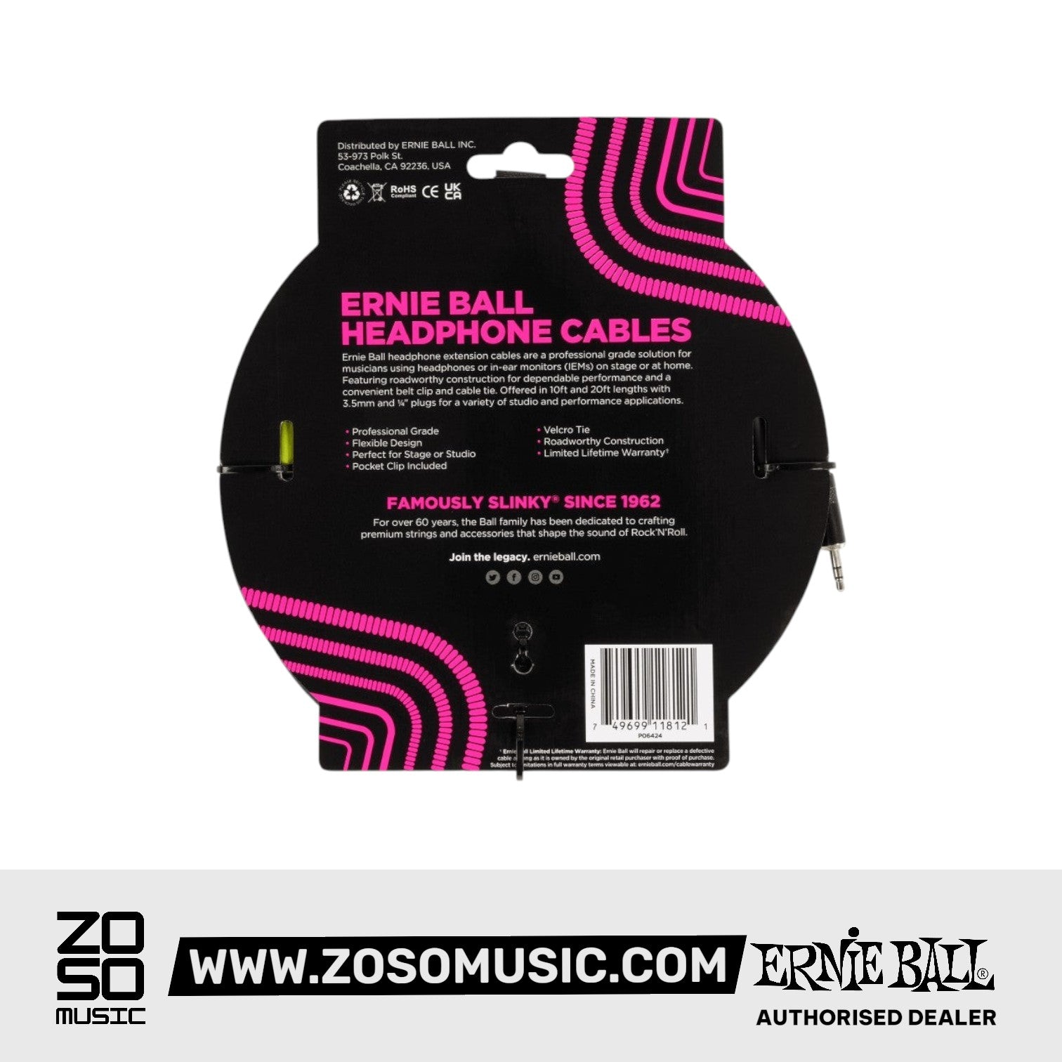 Ernie Ball EB6424 Headphone Extension Cable 3.5mm To 3.5mm 10 Ft, Black |  ERNIE BALL |  STRAP |  Zoso Music
