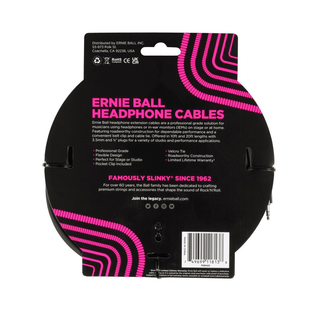 Ernie Ball EB6425 Headphone Extension Cable 3.5mm To 3.5mm 20 Ft, Black |  ERNIE BALL |  STRAP |  Zoso Music