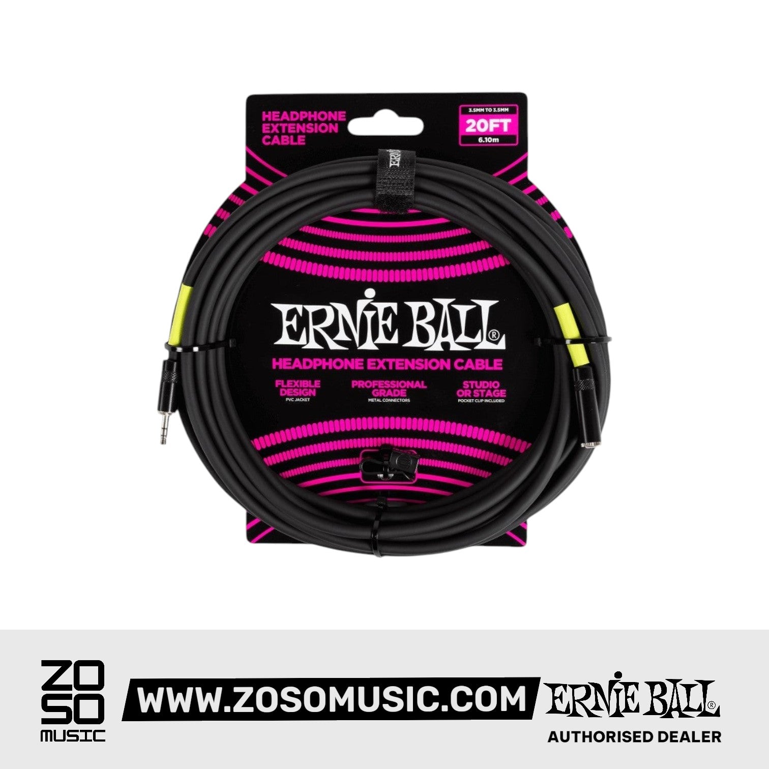 Ernie Ball EB6425 Headphone Extension Cable 3.5mm To 3.5mm 20 Ft, Black | Zoso Music Sdn Bhd