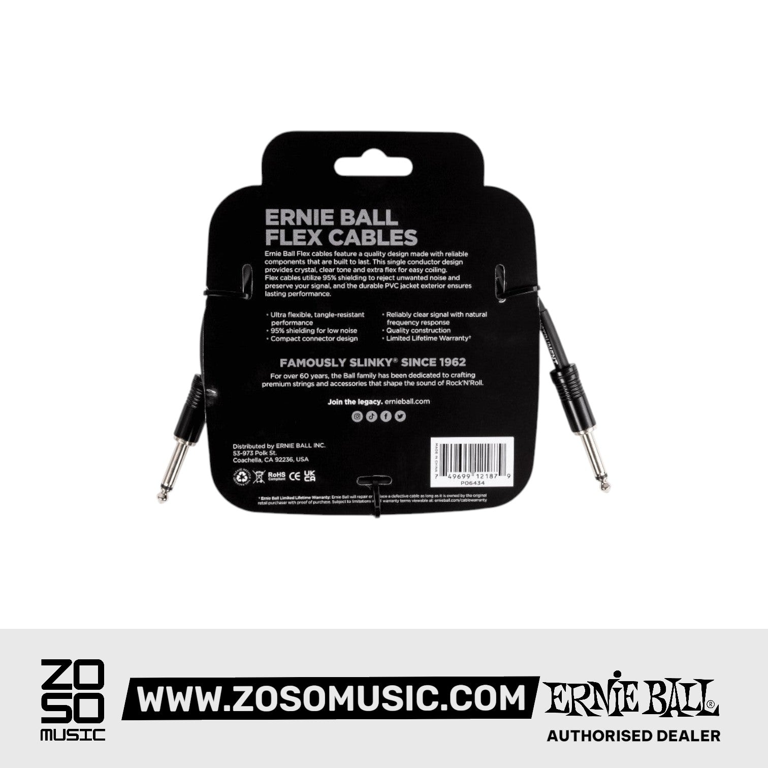 Ernie Ball P06434 Flex Instrument Cable 10 Ft, Black |  ERNIE BALL |  STRAP |  Zoso Music