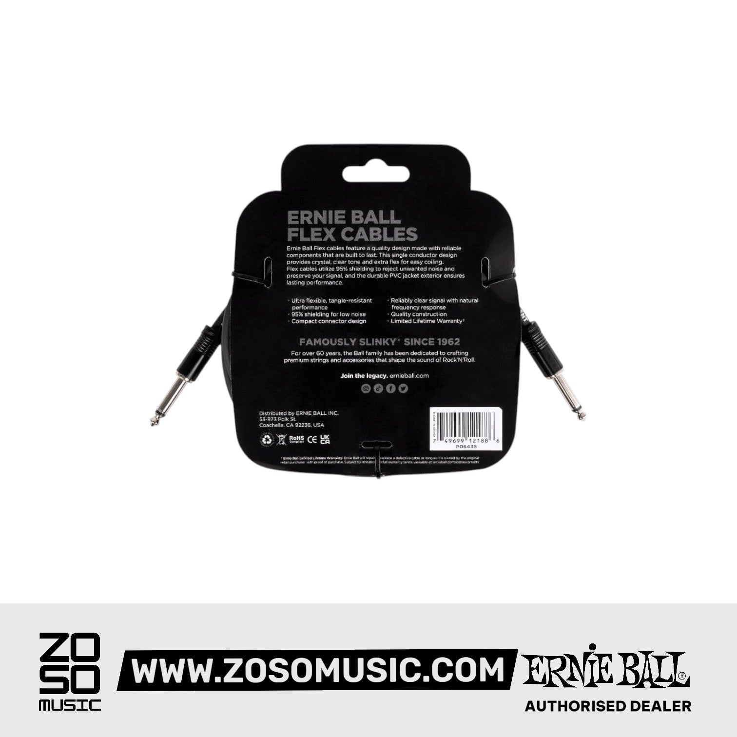 Ernie Ball P06435 Flex Instrument Cable 20 Ft, Black |  ERNIE BALL |  STRAP |  Zoso Music