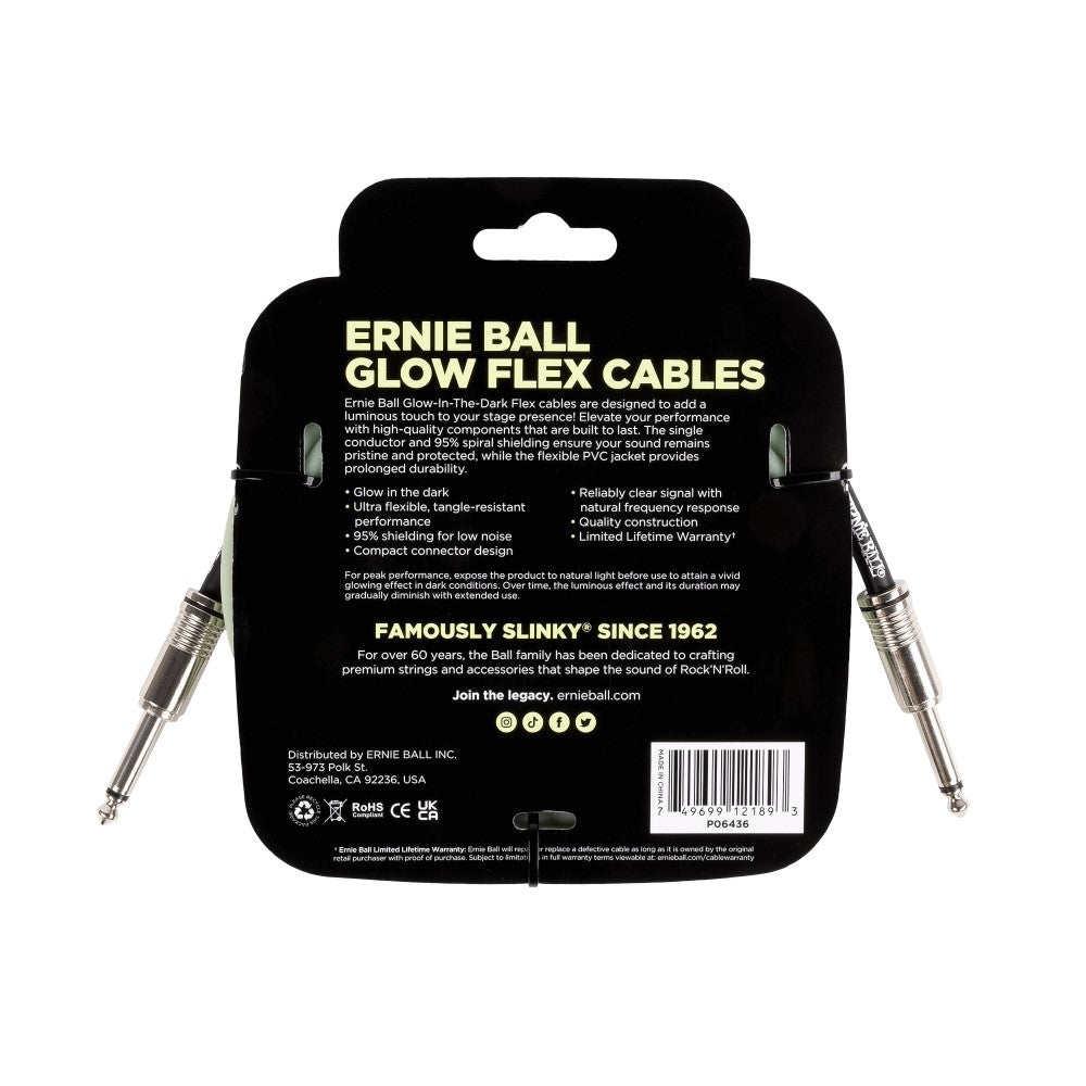 Ernie Ball P06436 Flex Instrument Cable 10 Ft, Glow In Dark
