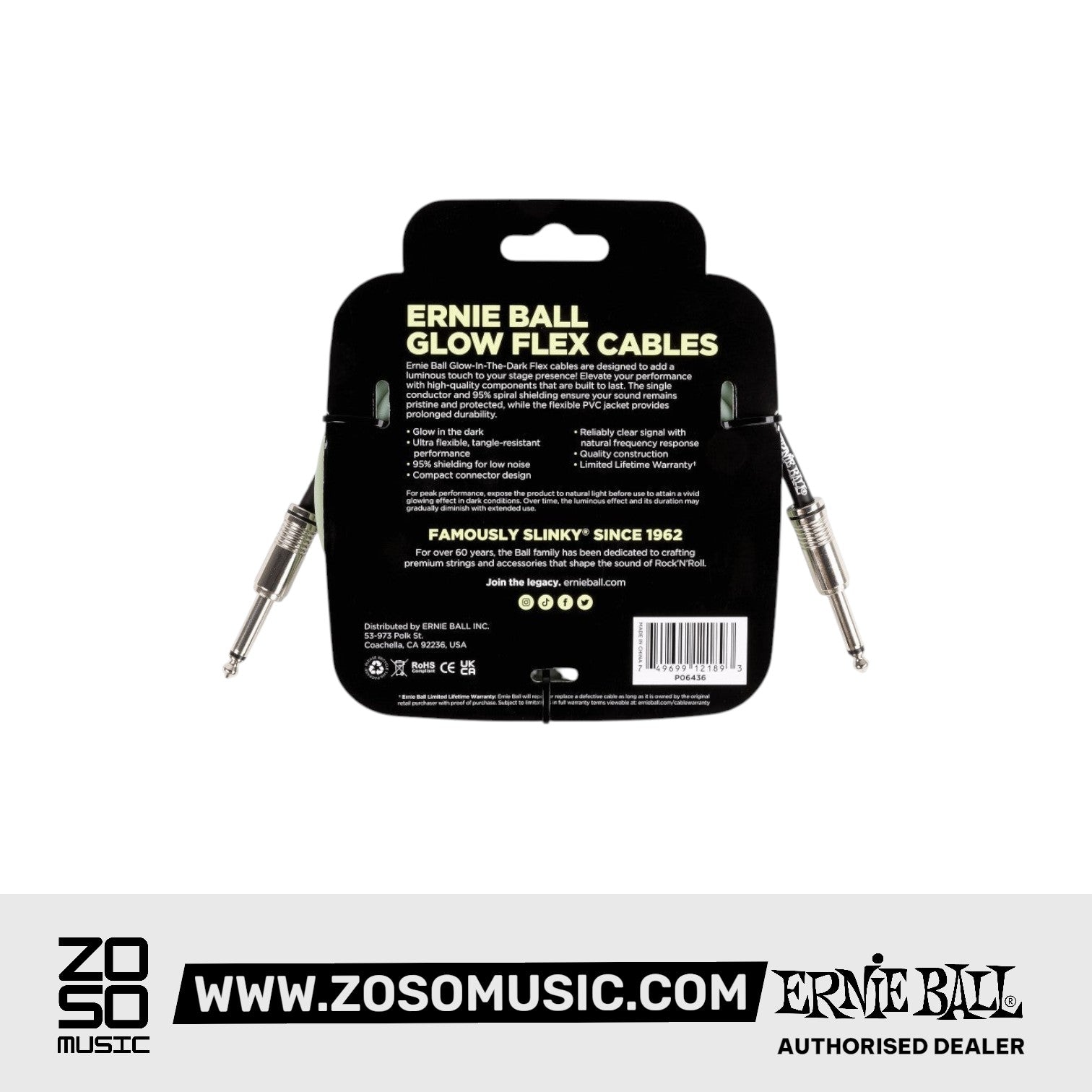 Ernie Ball P06436 Flex Instrument Cable 10 Ft, Glow In Dark |  ERNIE BALL |  STRAP |  Zoso Music