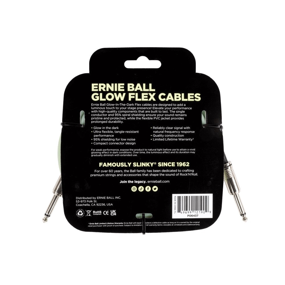 Ernie Ball P06437 Flex Instrument Cable 20 Ft, Glow In Dark |  ERNIE BALL |  STRAP |  Zoso Music
