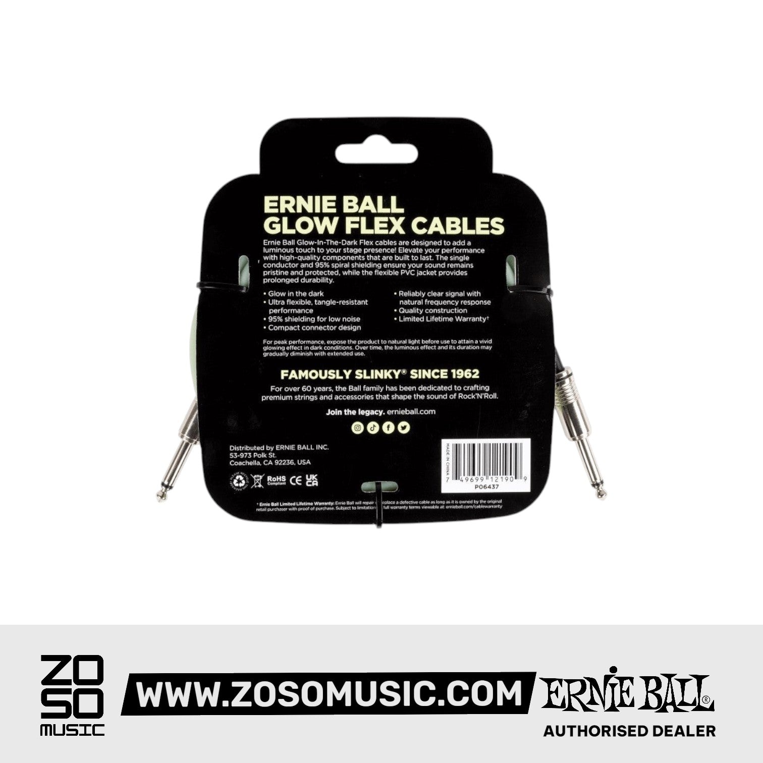 Ernie Ball P06437 Flex Instrument Cable 20 Ft, Glow In Dark |  ERNIE BALL |  STRAP |  Zoso Music