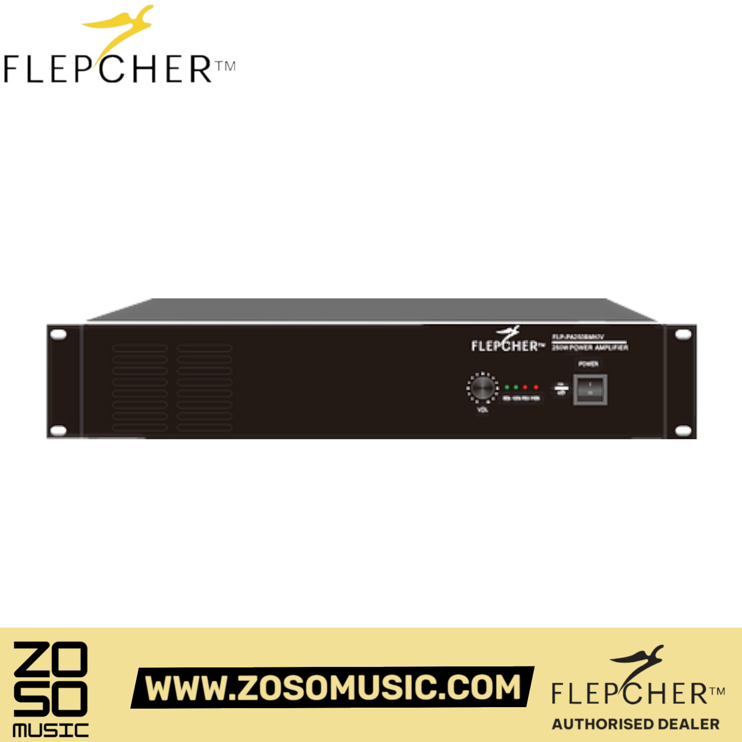 Zoso Music Flepcher PA-250BMKIV power amplifier in black with volume control, power switch, and indicator lights.