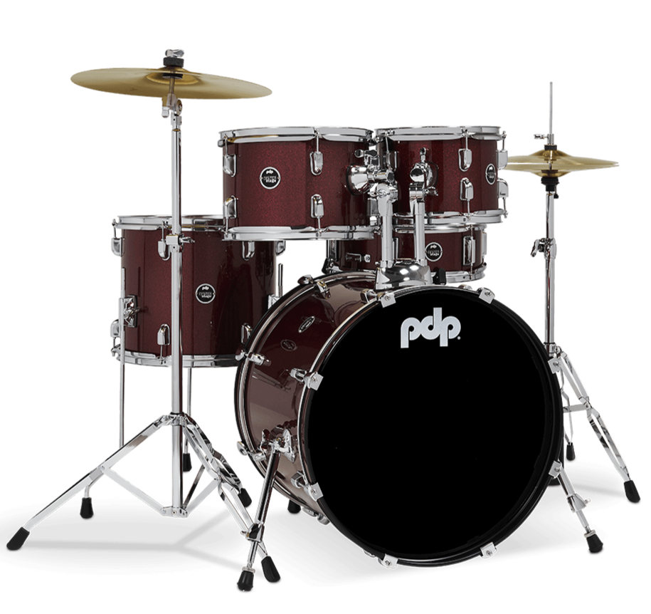 DW PDP Center Stage 5-pc Complete Drum Kit with Hardware, Stool & Cymbals - Ruby Red Sparkle | Zoso Music Sdn Bhd
