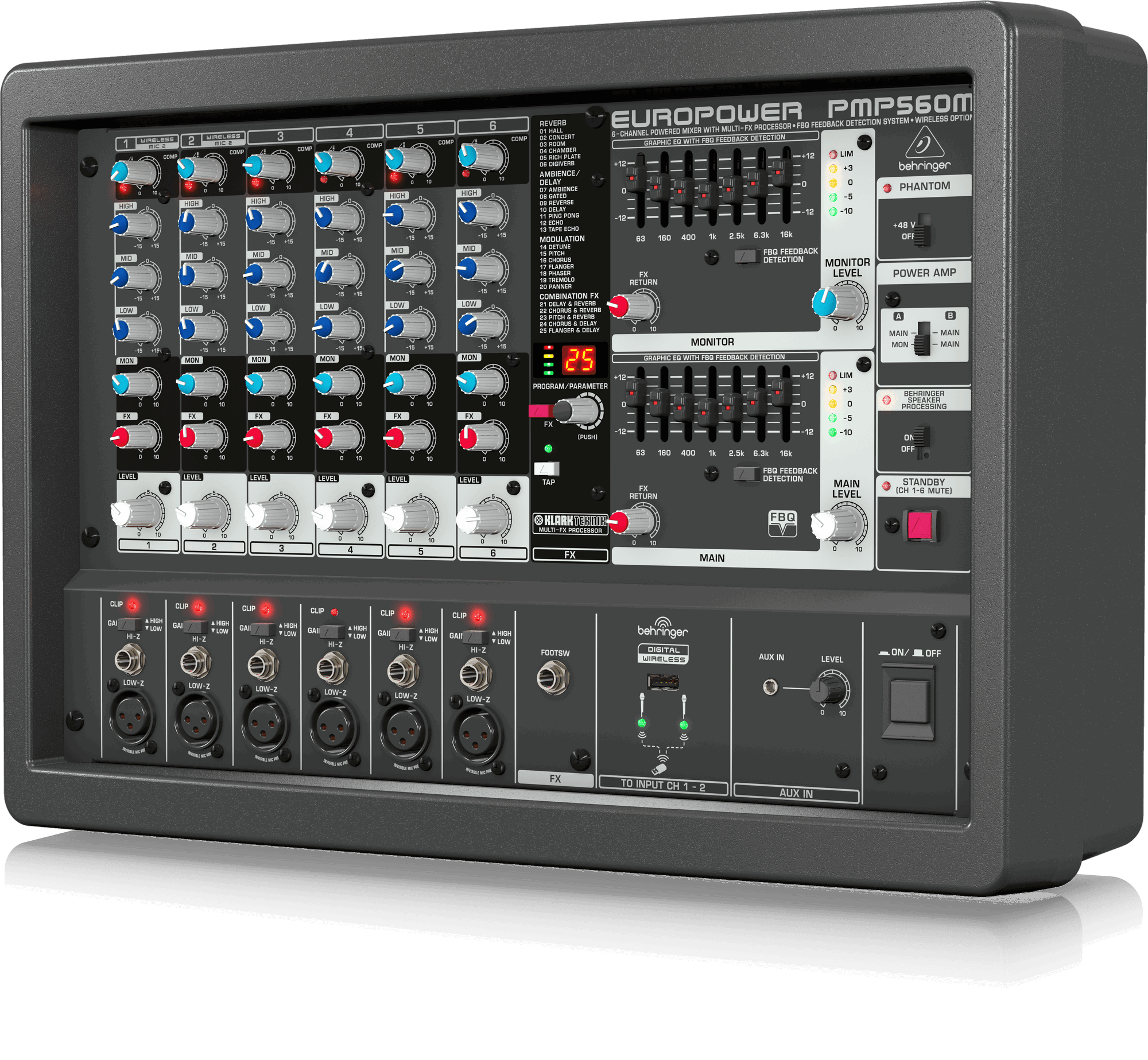 Behringer PMP560M 500 Watt 6 Channel Powered Mixer with Klark Teknik Multi-FX Processor, Compressors, FBQ Feedback Detection System and Wireless Option | BEHRINGER , Zoso Music
